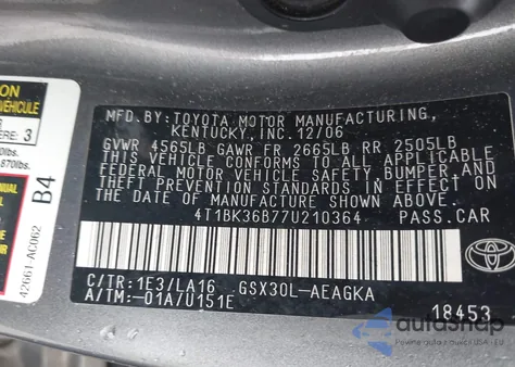 2007 Toyota Avalon Xls from USA, damaged, VIN 4T1BK36B77U210364